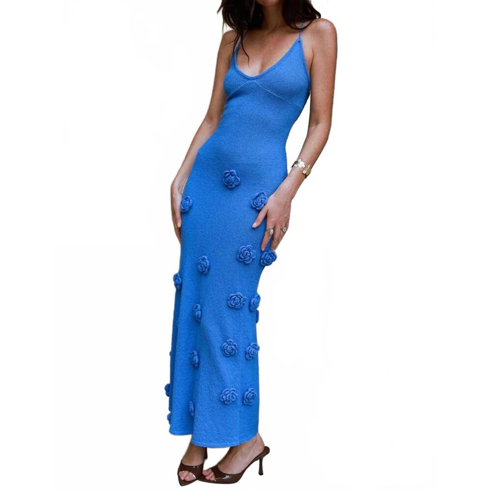 NEW STRAWBERRY PARIS butterfly v neck maxi dress in blue denim